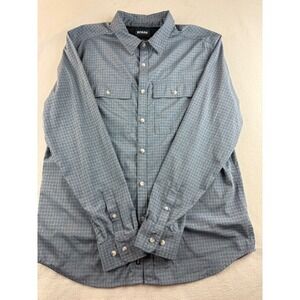 Prana Mens‎ Medium Blue Plaid Long Sleeve Button Up Shirt Outdoor Casual
